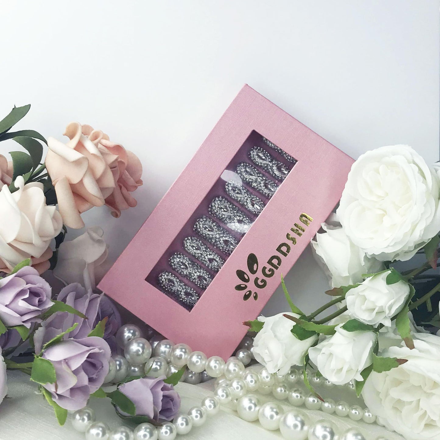 GGddsha Queen Of Haute Style Full Diamond Long NailsPMMA Acrylic Handmade Full Deluxe 3D Crystal Fake Nailsw Box, Gift For Women,Luxe Divinity