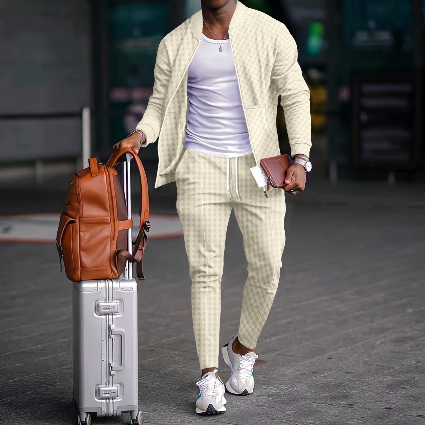 Men's Waffle Baseball Uniform Set - Pocket Zipper Jacket & Pants Combo