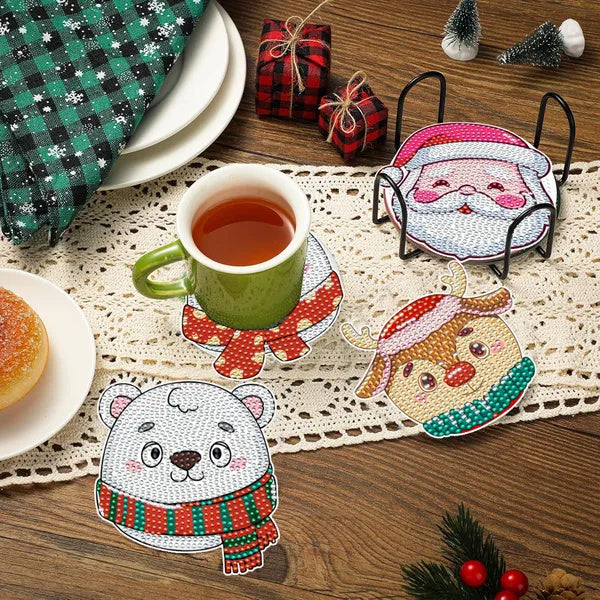 6 Packs Christmas Rhinestone Art Coasters with Holder - 5D DIY Set