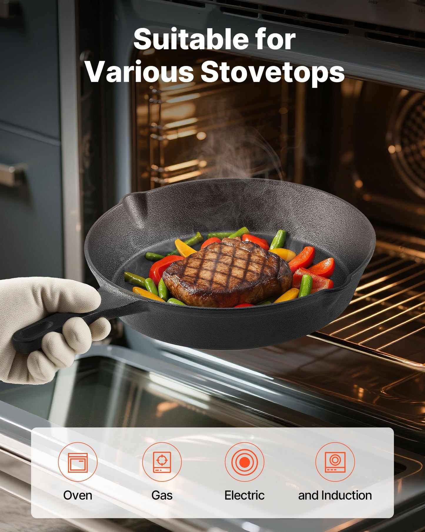 3 Piece Cast Iron Skillet Frying Pan Set 6 8 10 In Handle Pre-Seasoned Black