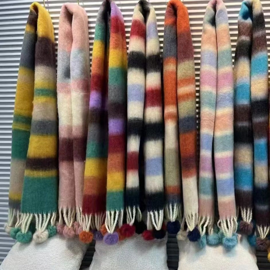 Rainbow Dopamine Mohair Tassel Scarf - Mood-Boosting Colorful Wrap