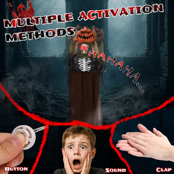 5.6ft Animatronic Pumpkin Head Ghost - Sound-Activated Halloween Decoration