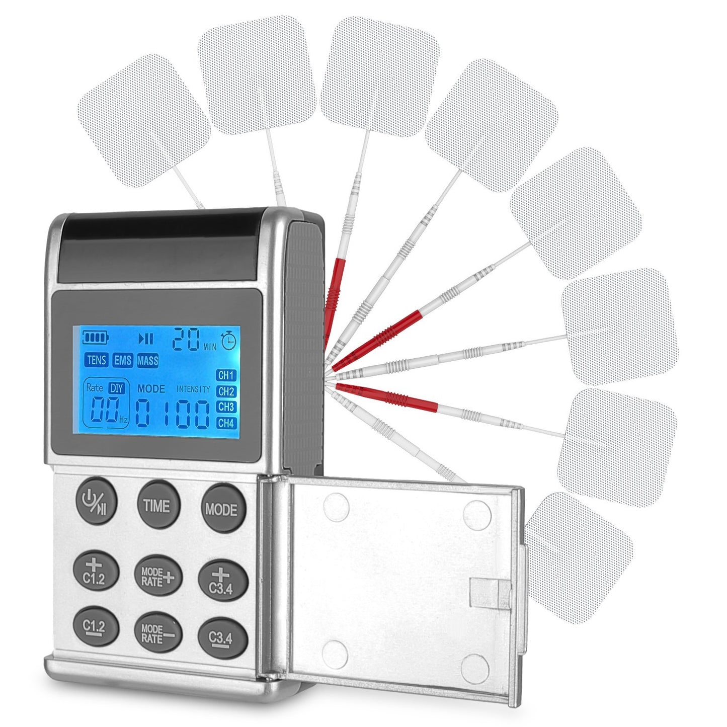 1Pc 4 Channel TENS Unit Muscle Stimulator Rechargeable Digital TENS Muscle Massager With 48 Modes 20 Intensity Levels 8 Pads Timer