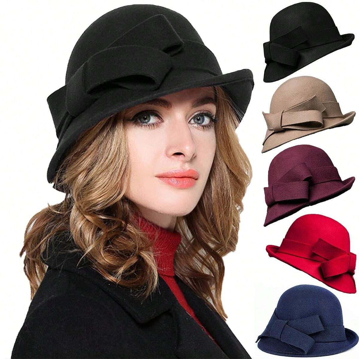Women's French-Style Elegant Retro Woolen Bowler Hat with Curling Bow