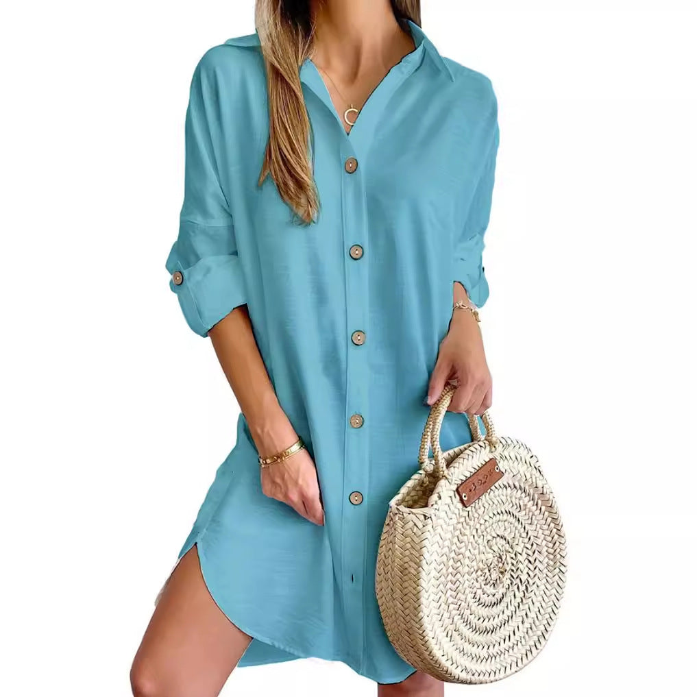 Autumn Casual Long Sleeve Lapel Button Shirt Dress - Women's Professional Style