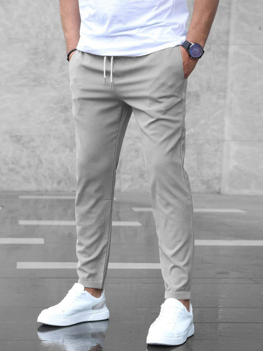 Men's Casual Drawstring Pants with Pockets - Slim Fit Straight Leg Trousers