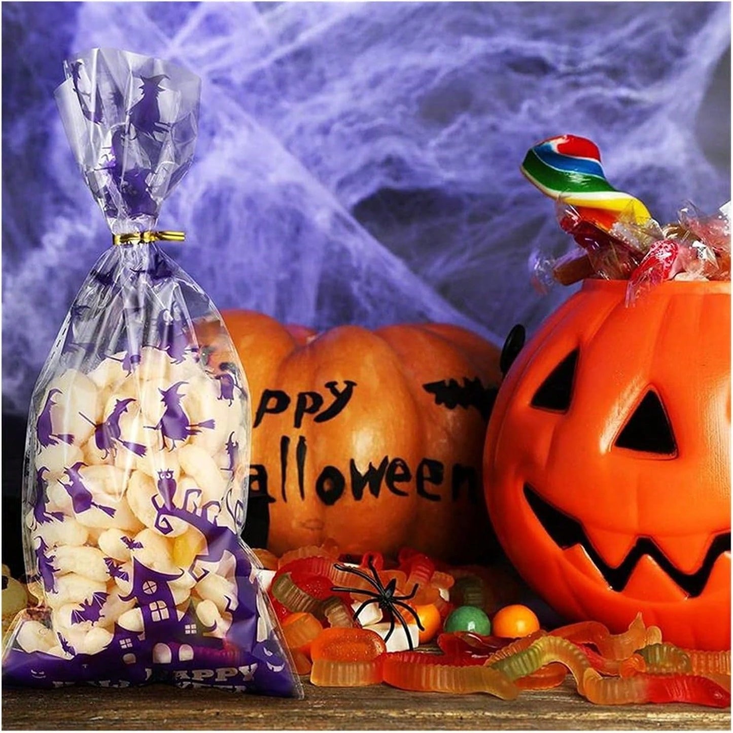 Halloween Gift Wrapping Bags - 200 Pcs Cellophane Treat Bags with Twist Ties