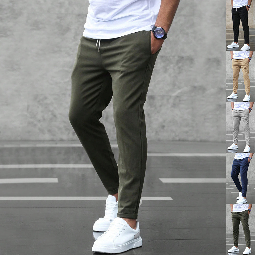 Men's Casual Drawstring Pants with Pockets - Slim Fit Straight Leg Trousers