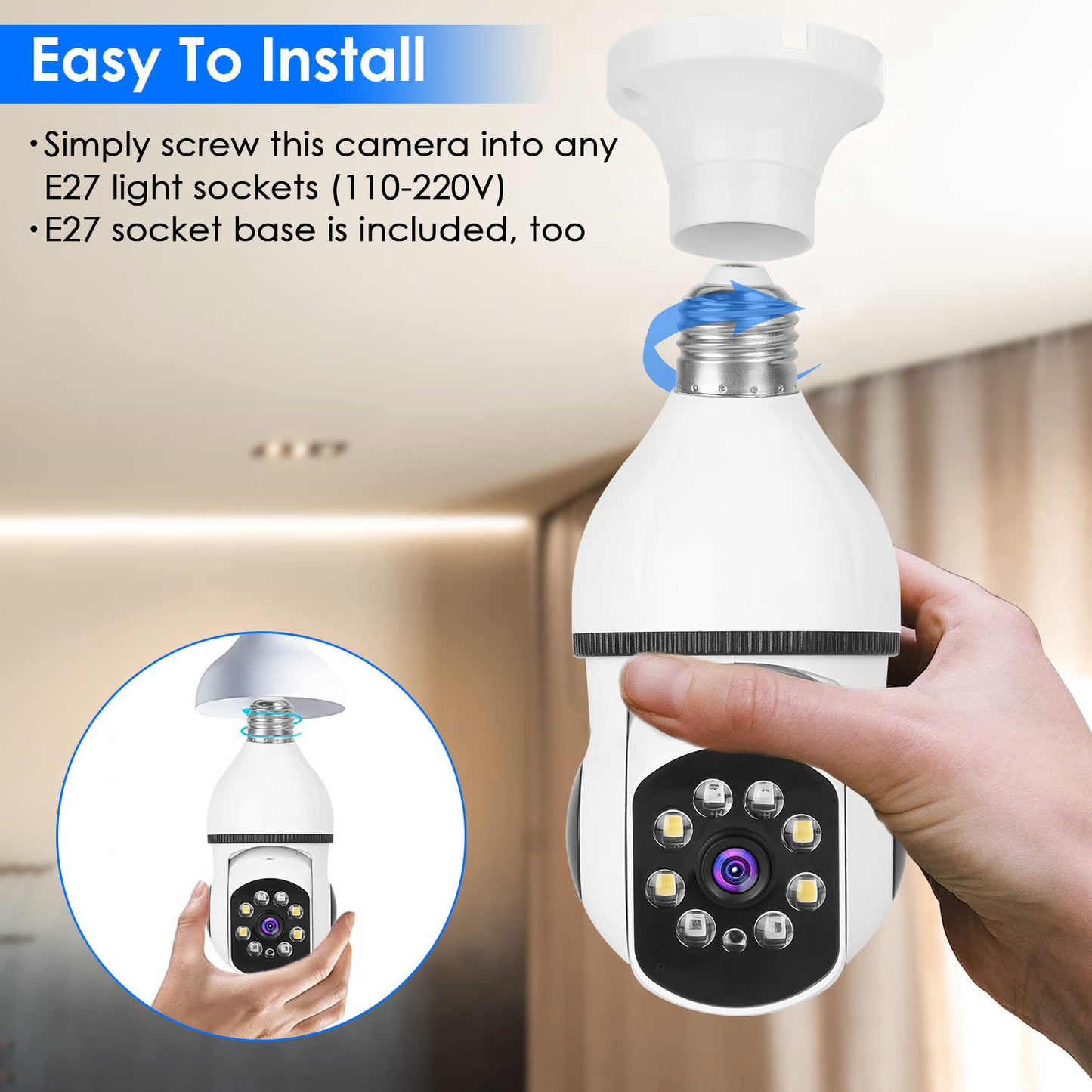 1Pc E27 WiFi Bulb Camera 1080P FHD WiFi IP Pan Tilt Security Surveillance Camera With Two-Way Audio Full Color Night Vision Flood Light Motion Tracking Siren Function APP Control