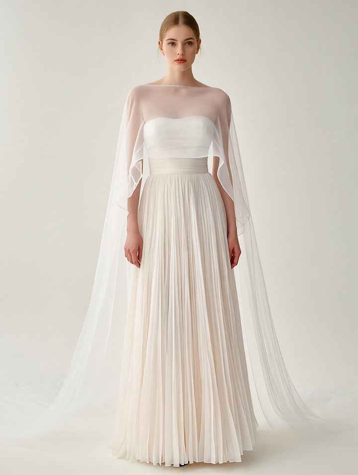 Elegant White Pleated Gown With Sheer Cape Overlay