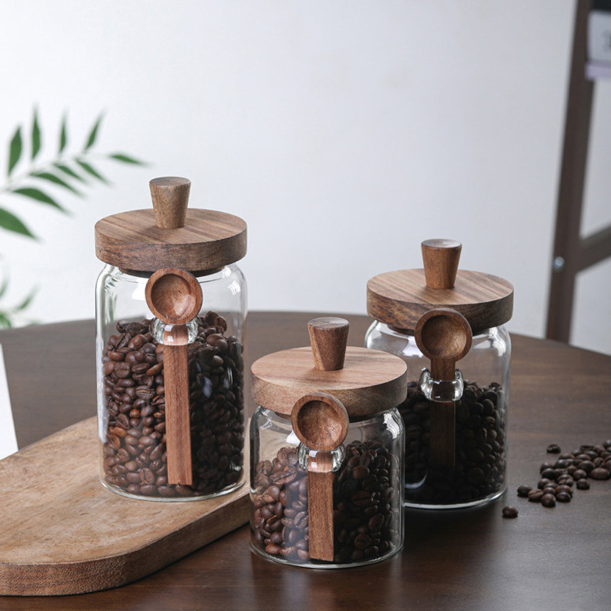 Glass Coffee Storage Jars Set - 3 Piece with Spoons for Coffee, Tea & Kitchen Storage