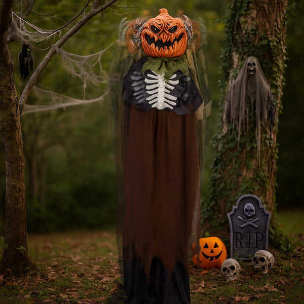5.6ft Animatronic Pumpkin Head Ghost - Sound-Activated Halloween Decoration