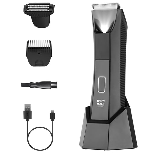 1Pc 2 In 1 Electric Body Trimmer For Men Cordless Beard Groin Ball Pubic Hair Shaver IPX7 Waterproof Razor With LED Light LCD Display Guard Comb Shaving Head