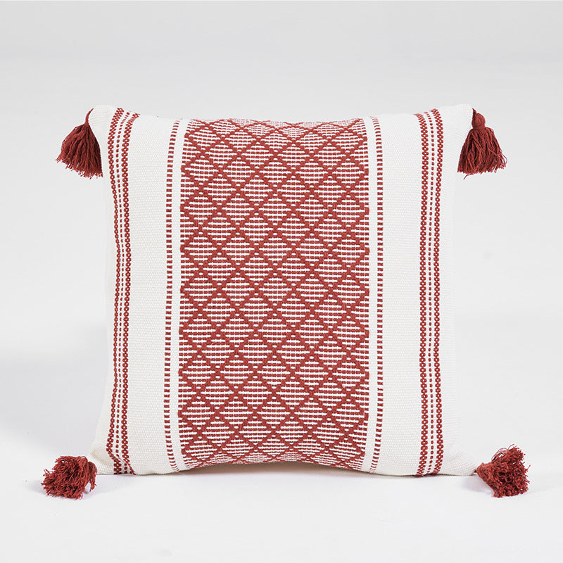 Geometric Woven Jacquard Tassel Cushion Cover