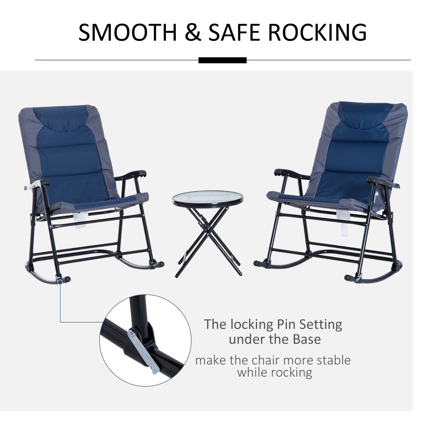 3 Piece Blue Rocking Bistro Set  Patio Chairs   Glass Coffee Table