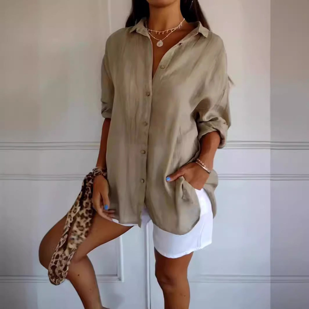 Women's Lapel Long Sleeve Shirt - Single-Breasted Pleated Button-Up