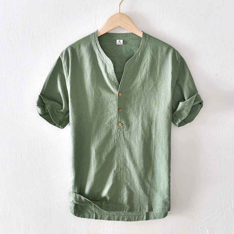 Men's Collar Pullover Short Sleeve Cotton Shirt - Classic Casual Wear