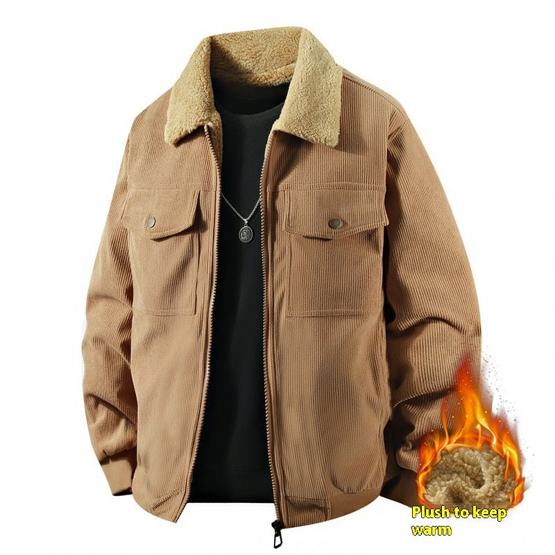 Premium Men's Fleece Corduroy Cotton Coat - Casual Polo Collar Winter Jacket