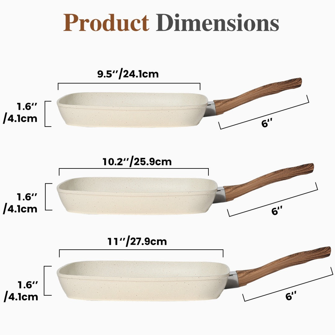 Nonstick Frying Pan Skillet Set, 3 Piece Square Grill Pans With Stay Cool Handle & PFOA Free, Compatible With All Stovetops