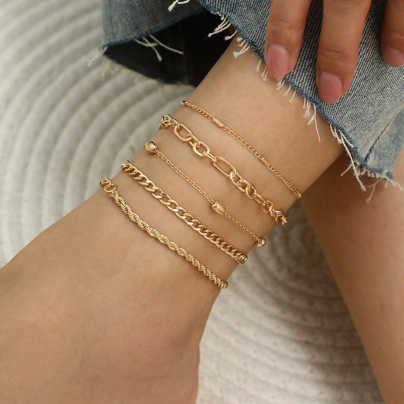Snake Chain Anklet Set - 5-Piece Layered Metal Ankle Bracelets Collection