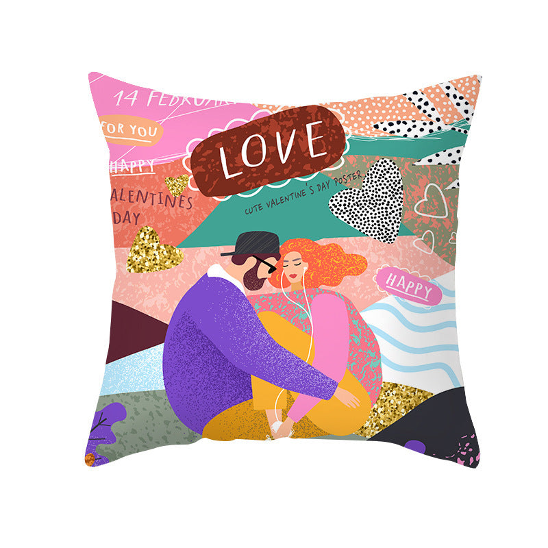 Valentine's Day Peach Skin Printed Cushion Cover - Romantic Living Room Bedroom Decoration