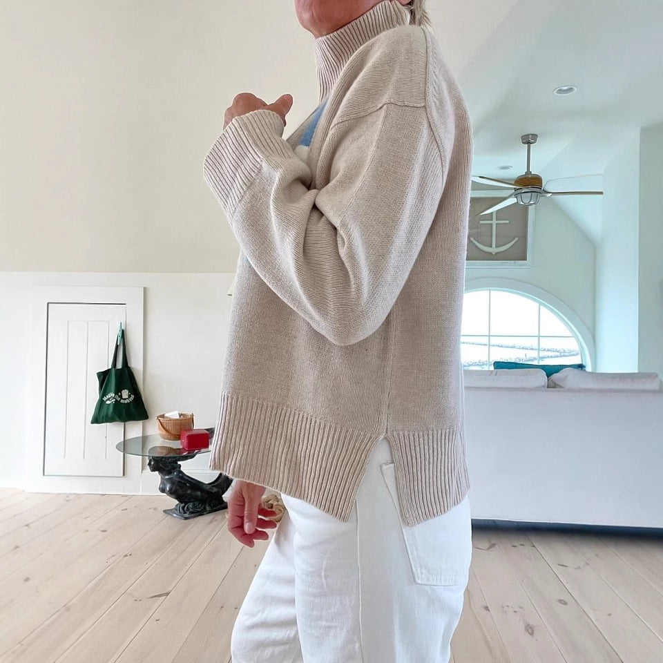 Womens Loose Fit High Neck Letter Sweater
