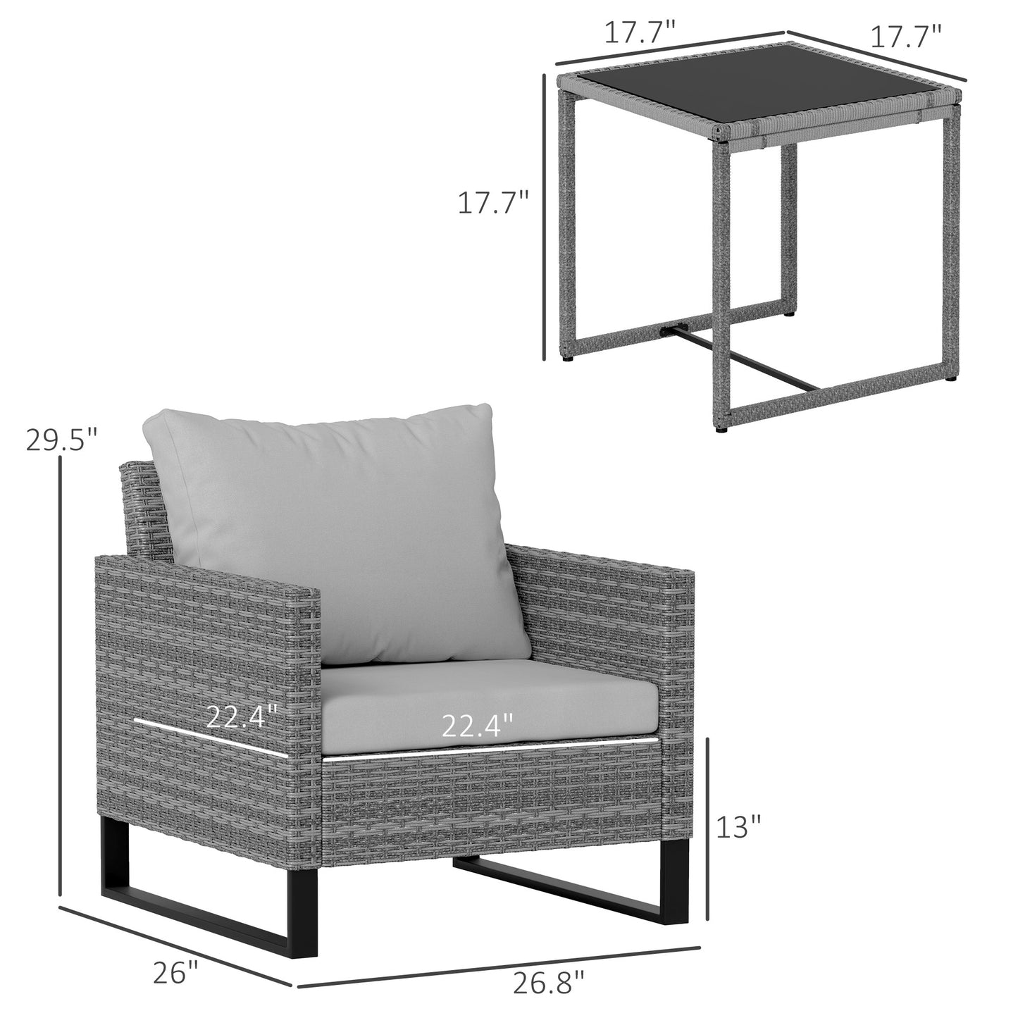 Patio Set, Wicker Bistro Set With Cushions, Rattan Chairs, Glass Coffee Table For Backyard, Porch, Balcony, Gray