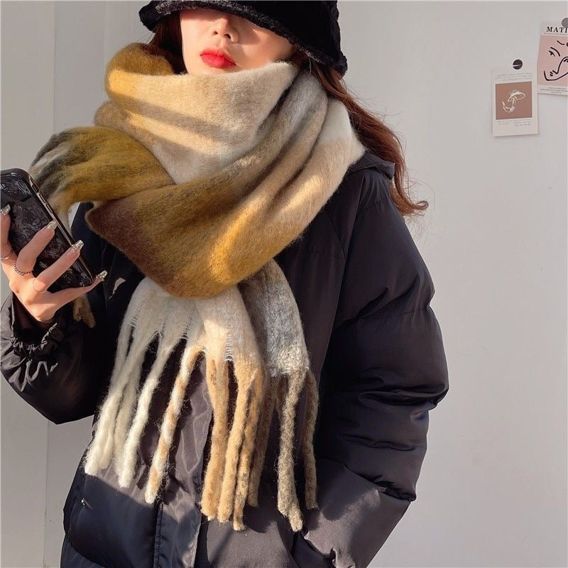 Women's Plaid Tassel Scarf - Rainbow Color-Blocking Shawl