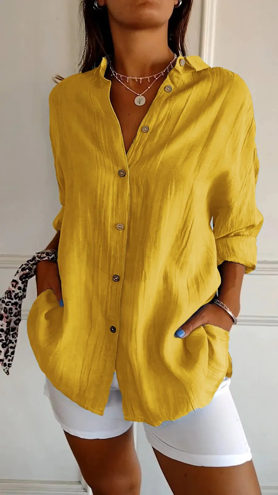 Women's Lapel Long Sleeve Shirt - Single-Breasted Pleated Button-Up