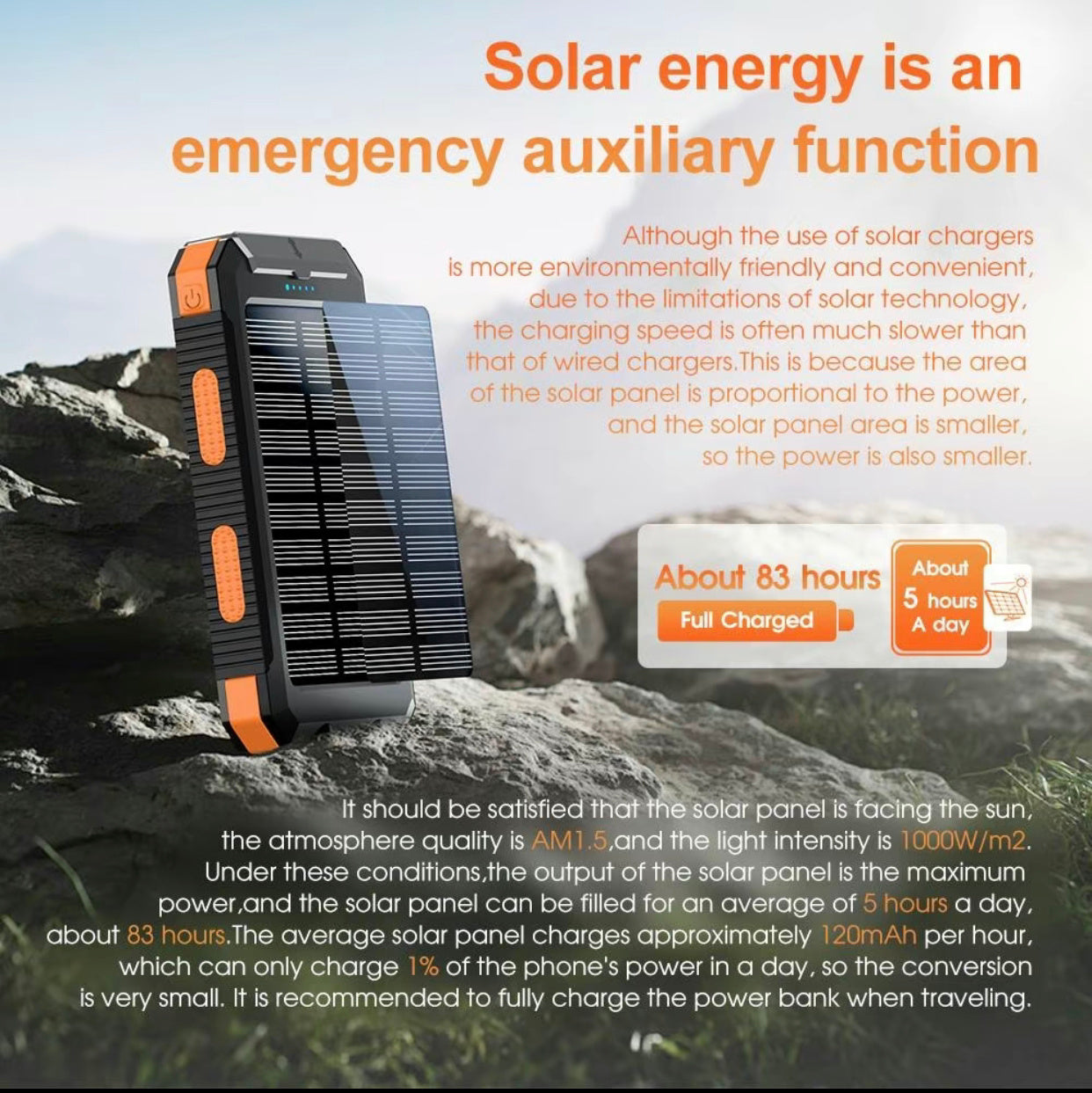 Solar Charger 8000mAh - Waterproof Portable Power Bank with LED Flashlight