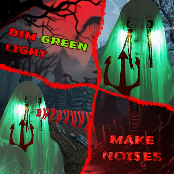 4.3ft Animatronic Ghost with Trident - Sound-Activated Halloween Decoration