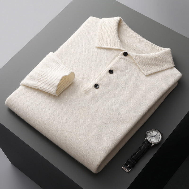 Premium Men's Pure Wool Polo Collar Knit Sweater - Luxury Comfort & Style