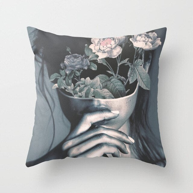 Abstract Print Flower Lady Cushion Cover - Artistic Pillow Cases for Modern Home Decor