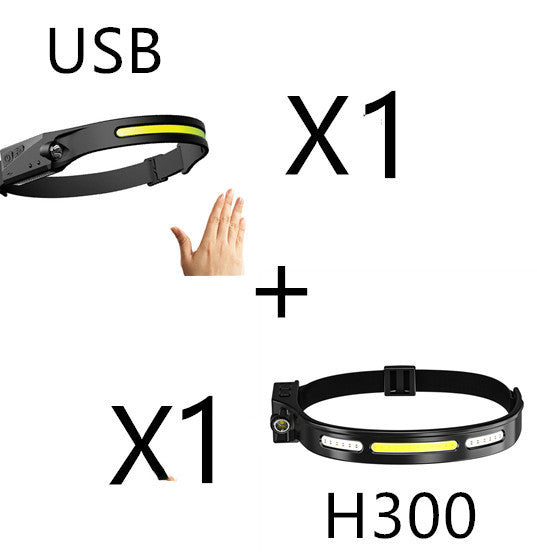 COB LED Rechargeable Headlamp - 350 Lumens Wave Sensor Waterproof Headlight for Camping & Outdoor