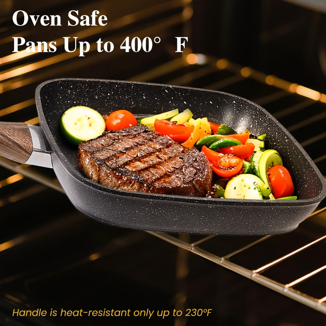 Nonstick Frying Pan Skillet Set, 3 Piece Square Grill Pans With Stay Cool Handle & PFOA Free, Compatible With All Stovetops
