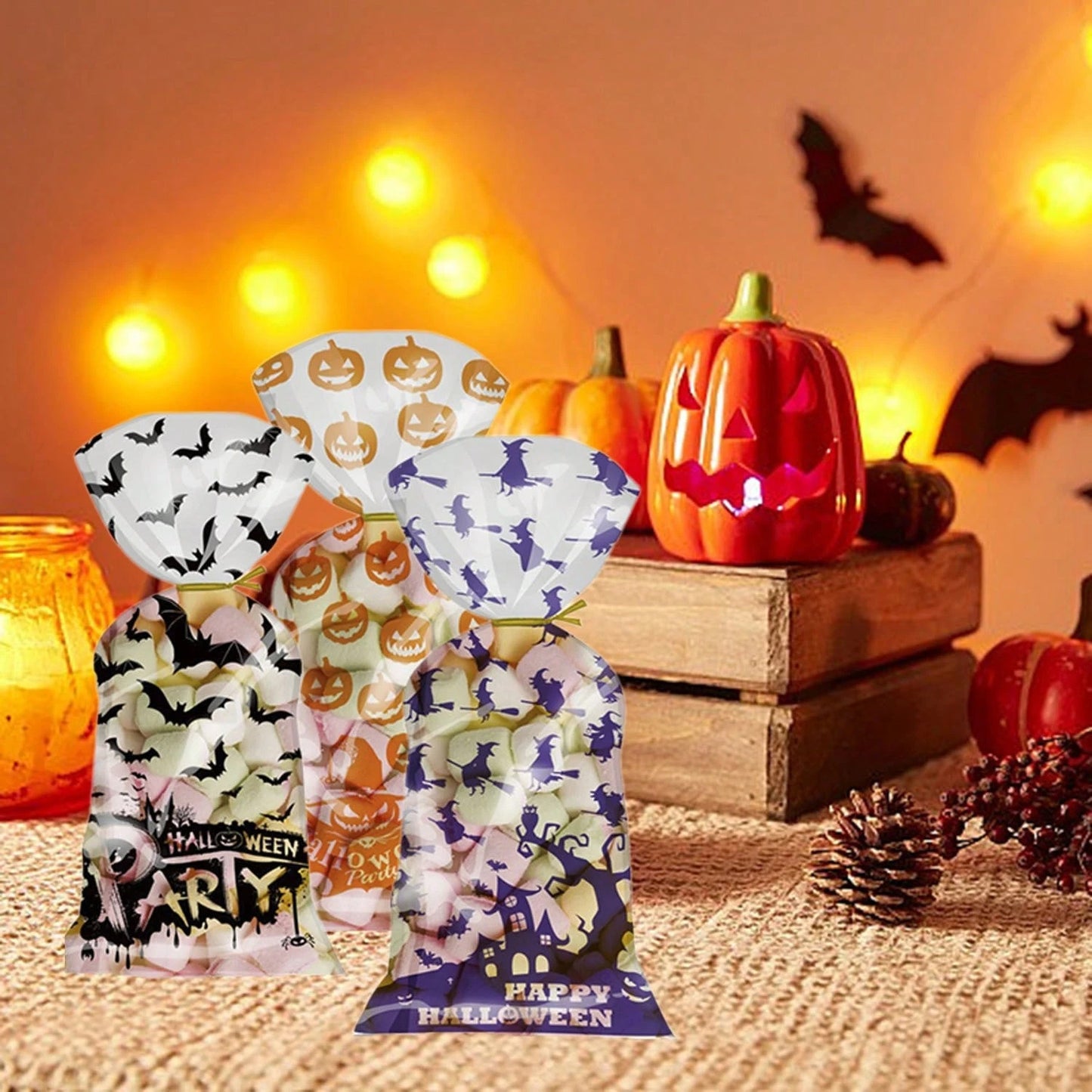 Halloween Gift Wrapping Bags - 200 Pcs Cellophane Treat Bags with Twist Ties