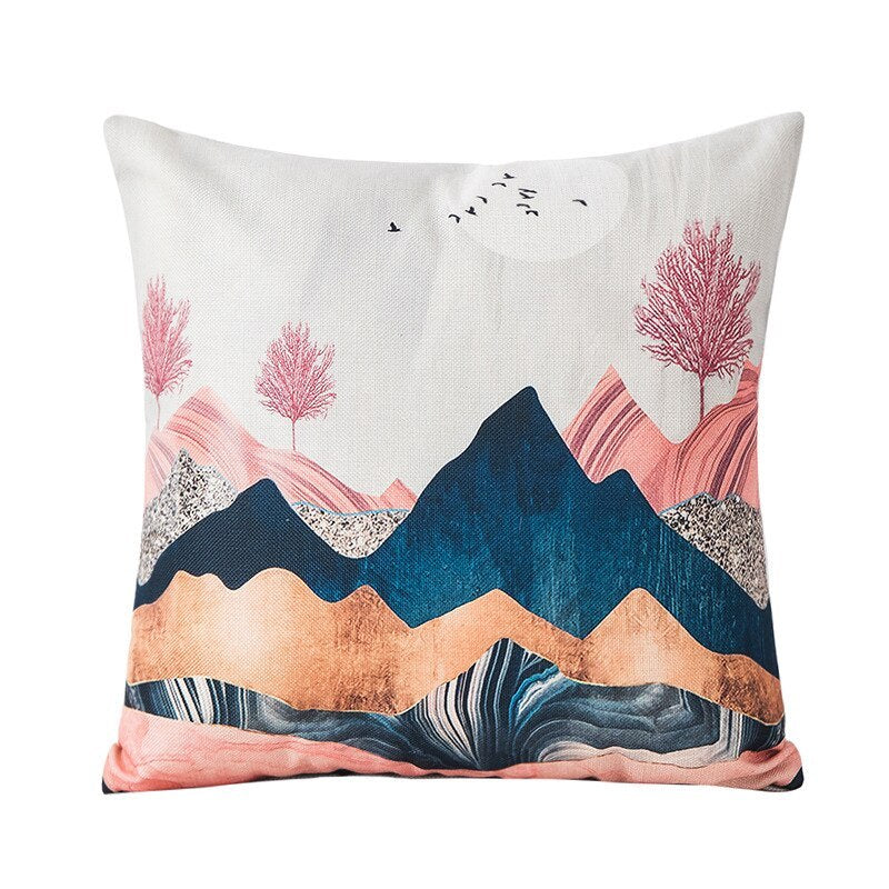 Mountain tree sunrise oil painting cushion cover