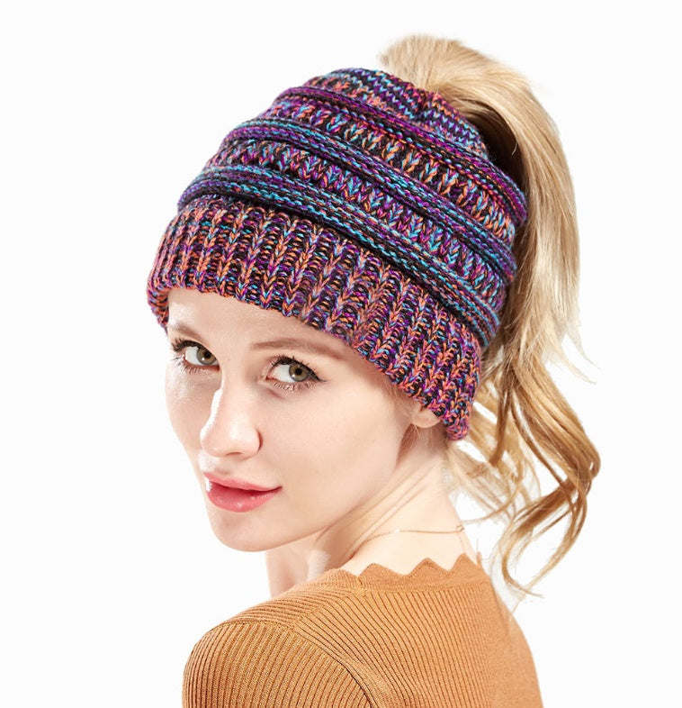 Women's Mixed Color Knitted Wool Hat - Ponytail Beanie