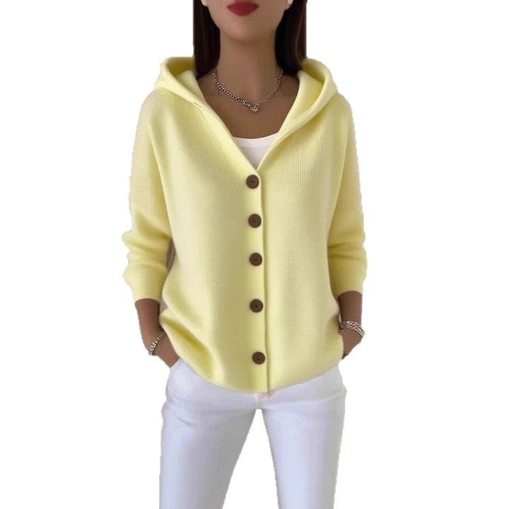 Buttoned Knitted Hooded Sweater - Cozy Women's Cardigan with Hood