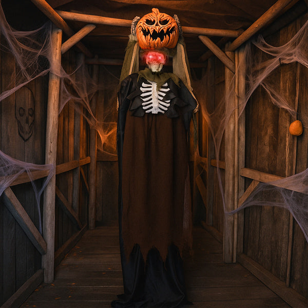 5.6ft Animatronic Pumpkin Head Ghost - Sound-Activated Halloween Decoration
