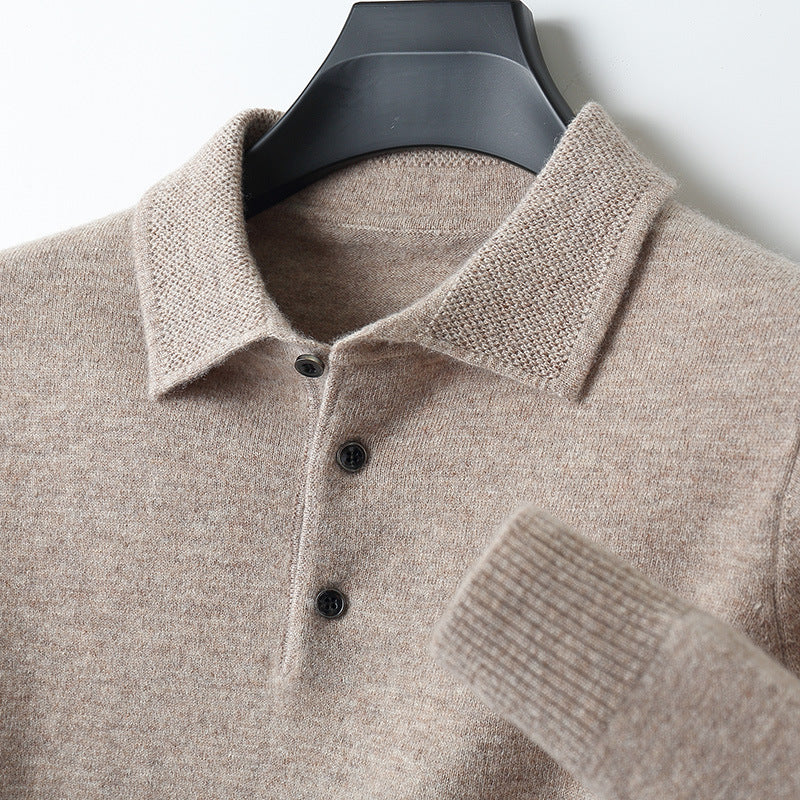 Premium Men's Pure Wool Polo Collar Knit Sweater - Luxury Comfort & Style