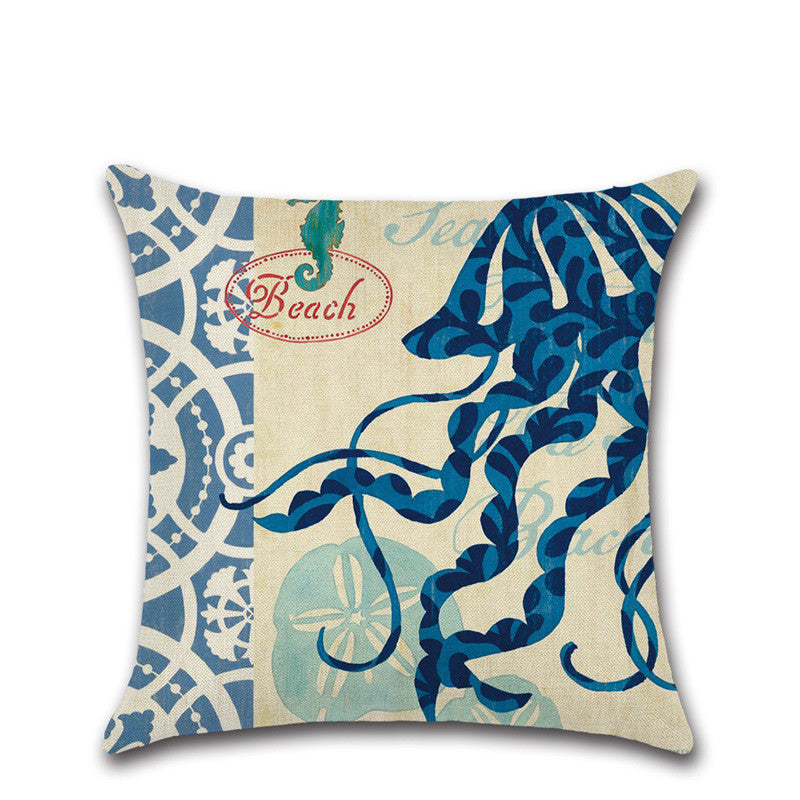 New Hand Painted Marine Coral Seahorse Starfish Linen print Pillowcase Cushion Cover