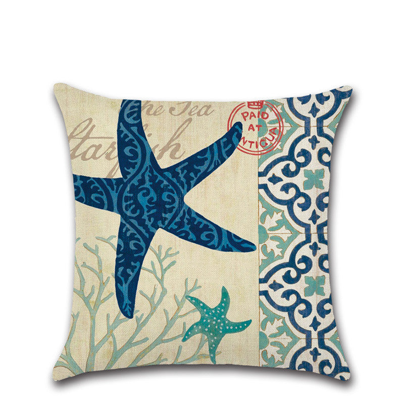 New Hand Painted Marine Coral Seahorse Starfish Linen print Pillowcase Cushion Cover