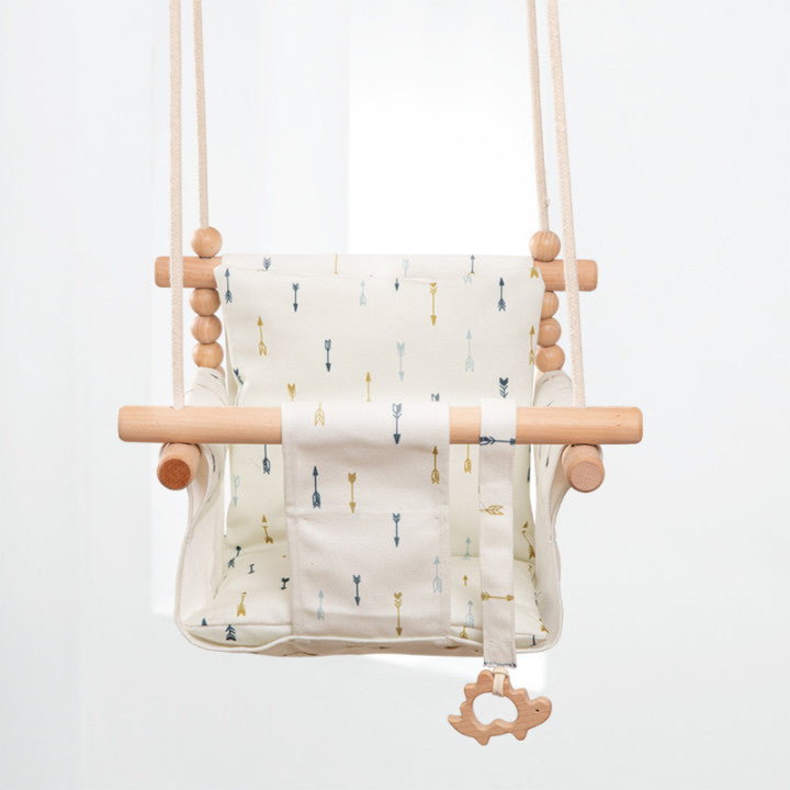 Cotton Canvas Baby Swing Chair - Wooden Hanging Swing Seat with Cushion for Indoor & Outdoor