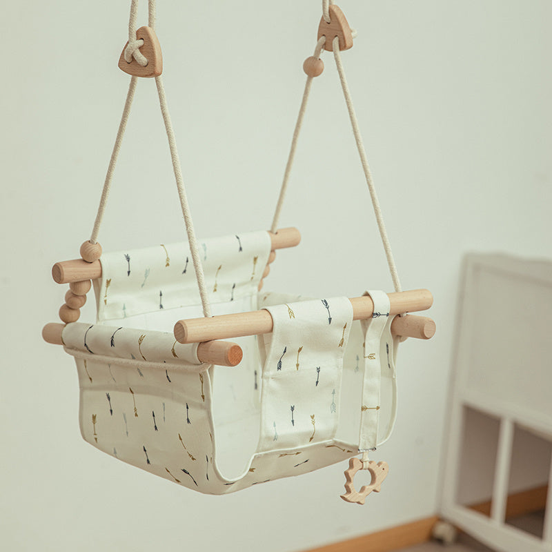 Cotton Canvas Baby Swing Chair - Wooden Hanging Swing Seat with Cushion for Indoor & Outdoor