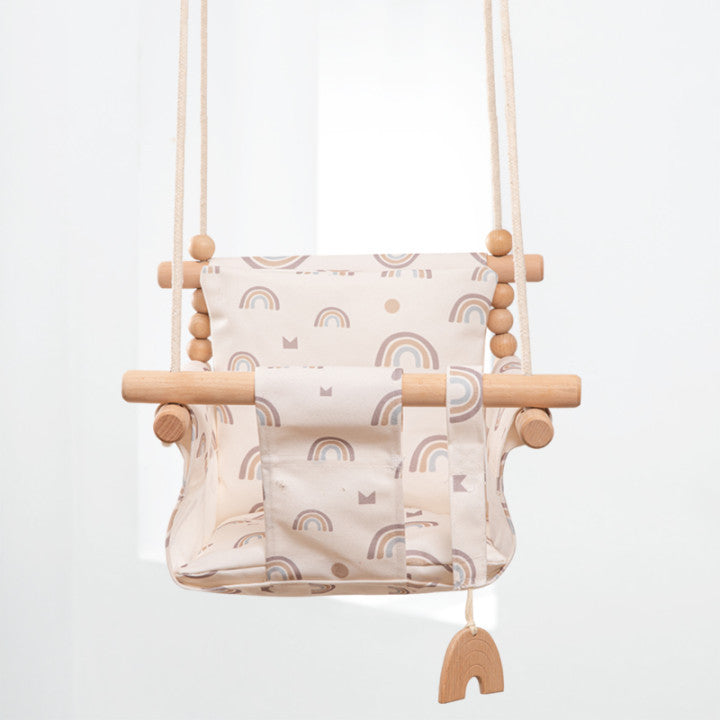 Cotton Canvas Baby Swing Chair - Wooden Hanging Swing Seat with Cushion for Indoor & Outdoor