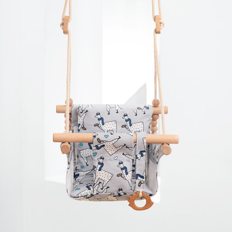 Cotton Canvas Baby Swing Chair - Wooden Hanging Swing Seat with Cushion for Indoor & Outdoor