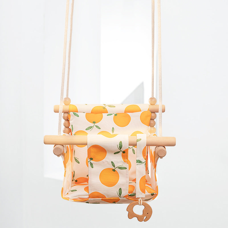 Cotton Canvas Baby Swing Chair - Wooden Hanging Swing Seat with Cushion for Indoor & Outdoor