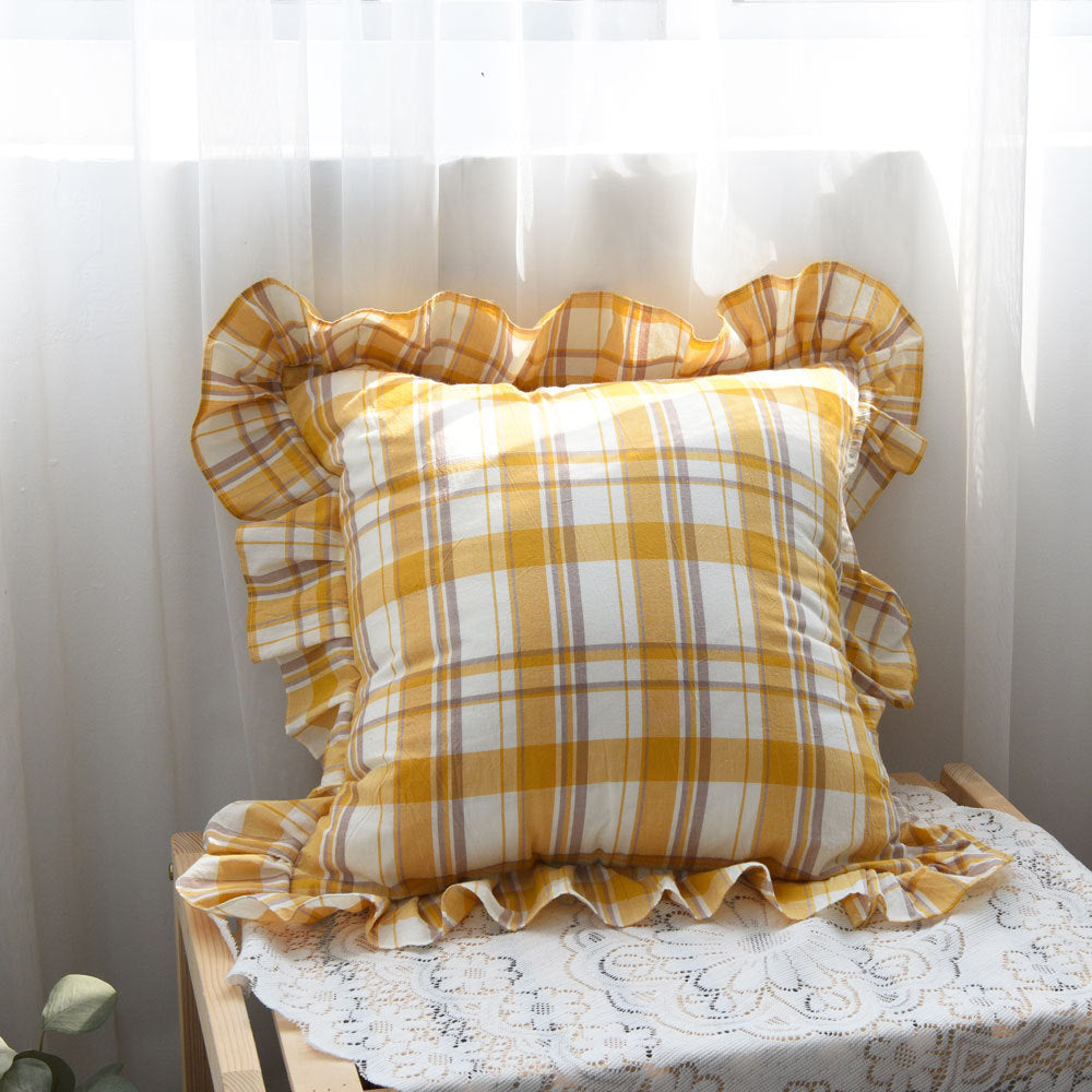 Ins Wind Ruffled Pillowcase Plaid Cotton Pillow Princess Wind Big Cushion