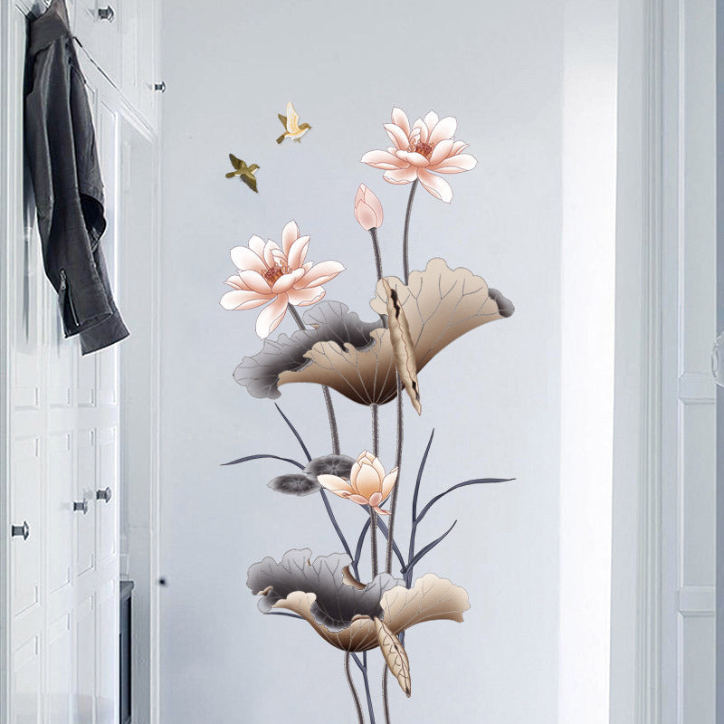 Chinese Style Lotus Flower Wallpaper - Self-Adhesive Living Room Sofa Background Wall Stickers